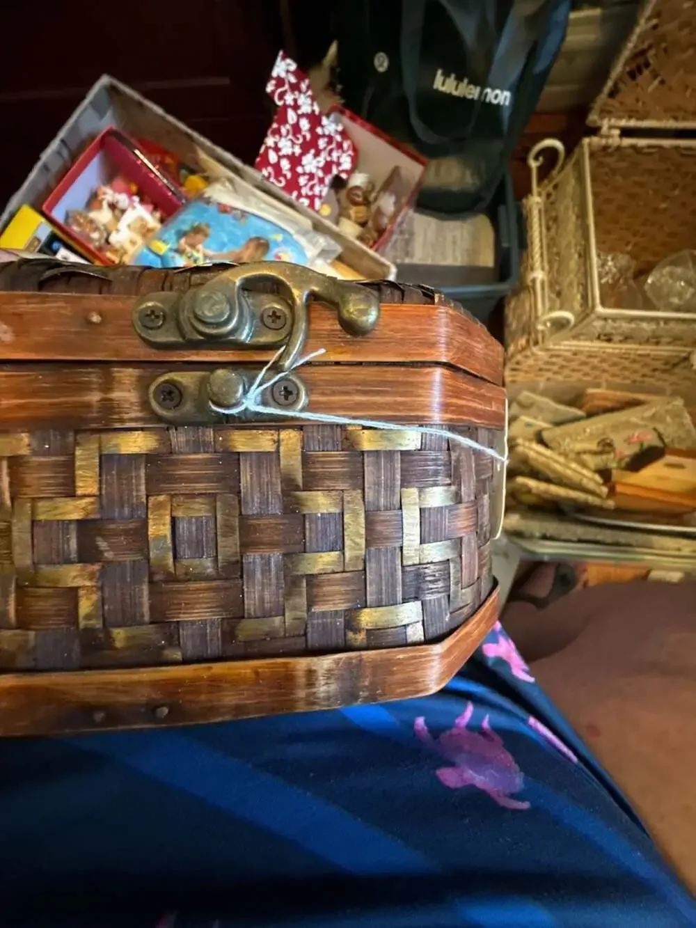 Woven Storage Container / Basket around Wooden box; Hard to find one like this!